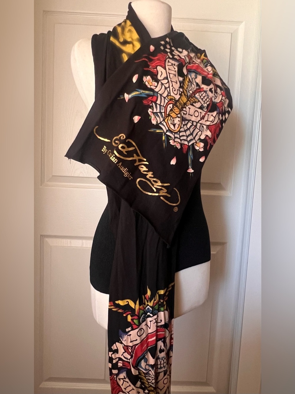 Ed Hardy Women’s Black Graphic Scarf Top - Floral Skull Design